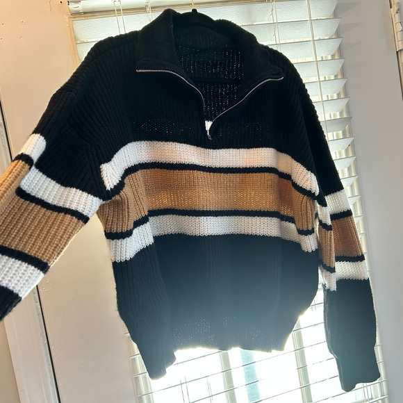 NWOT Black and Tan Striped Half-Zip Sweater - Picture 3 of 5